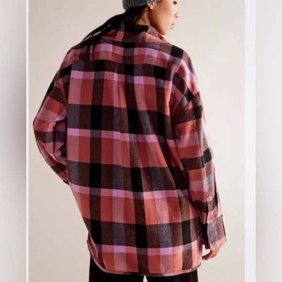 Free People Izzie Cargo Plaid Oversize Shirt Top, black Pink size medium - Picture 5 of 5